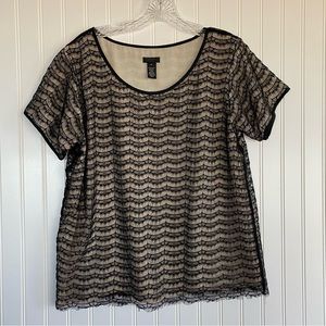 J. Crew Factory short sleeve black top, lace overlay, fully lined, SIZE MEDIUM